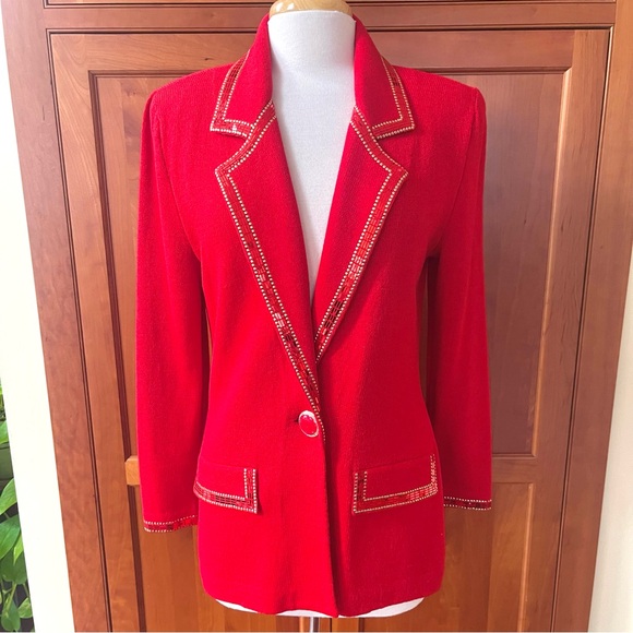 St.John Elegant Embellished Knit Cardigan Jacket In Bright Strawberry Red Color - Picture 1 of 13